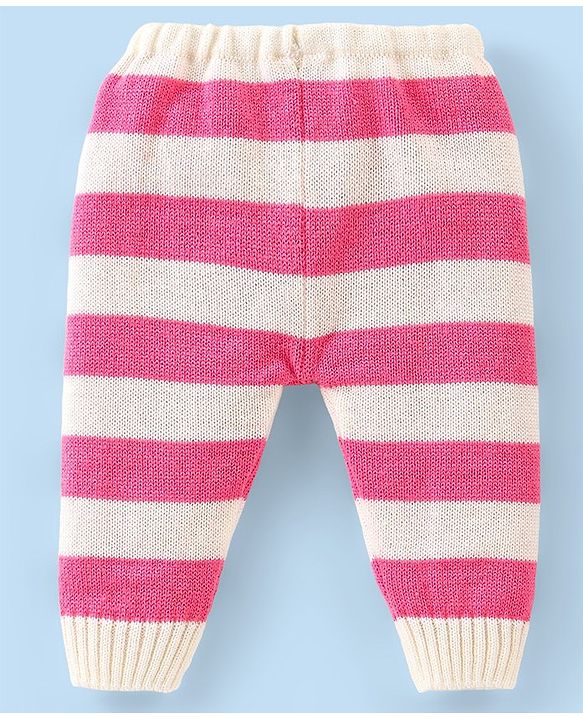 Babyhug Knitted Full Sleeves Striped Baby Sweater Set with Cap & Booties - White & Pink