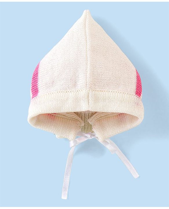 Babyhug Knitted Full Sleeves Striped Baby Sweater Set with Cap & Booties - White & Pink