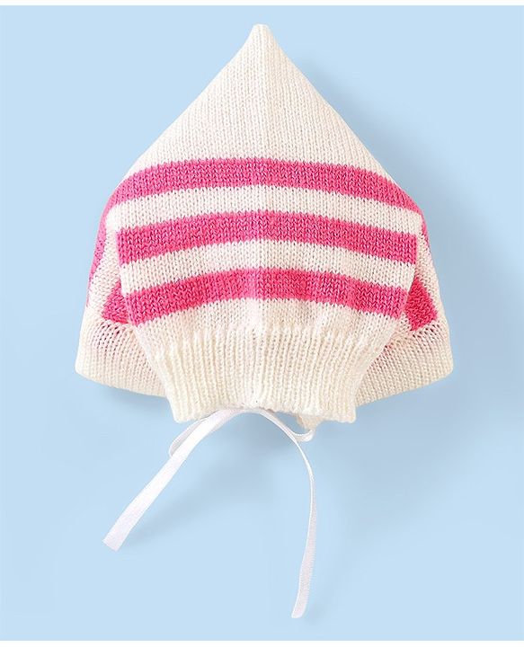 Babyhug Knitted Full Sleeves Striped Baby Sweater Set with Cap & Booties - White & Pink