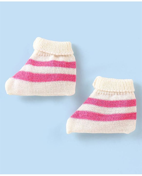 Babyhug Knitted Full Sleeves Striped Baby Sweater Set with Cap & Booties - White & Pink