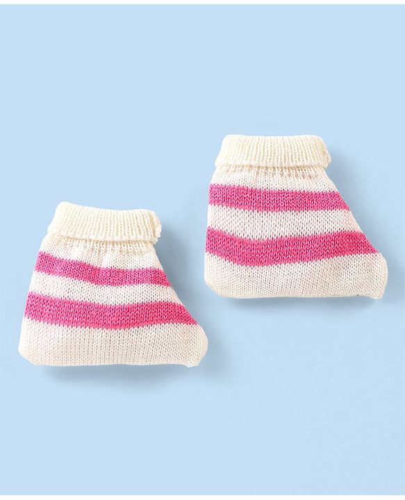 Babyhug Knitted Full Sleeves Striped Baby Sweater Set with Cap & Booties - White & Pink