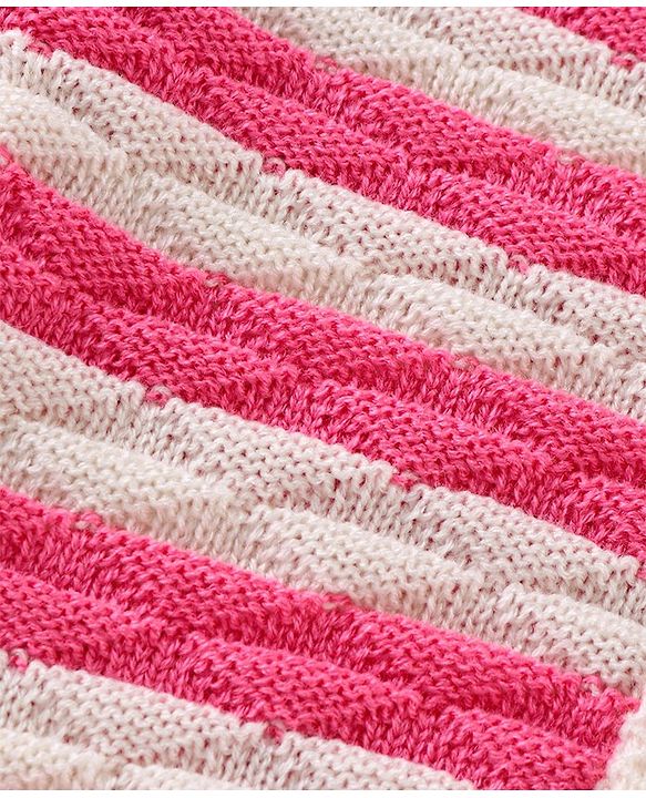 Babyhug Knitted Full Sleeves Striped Baby Sweater Set with Cap & Booties - White & Pink