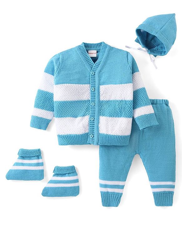 Babyhug Knitted Full Sleeves Striped Sweater Set with Cap & Booties - Blue