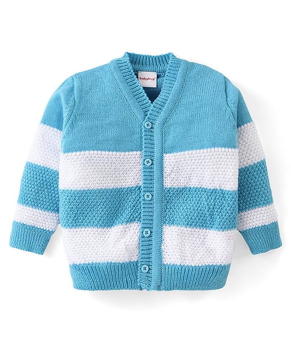 Babyhug Knitted Full Sleeves Striped Sweater Set with Cap & Booties - Blue
