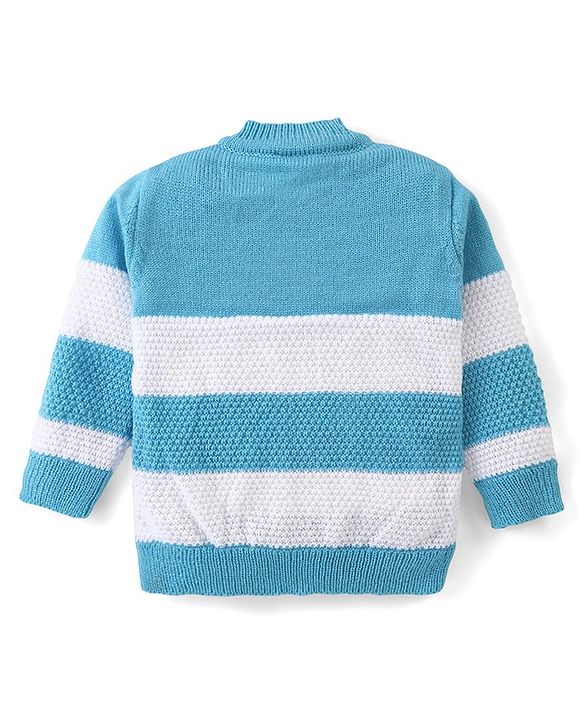 Babyhug Knitted Full Sleeves Striped Sweater Set with Cap & Booties - Blue
