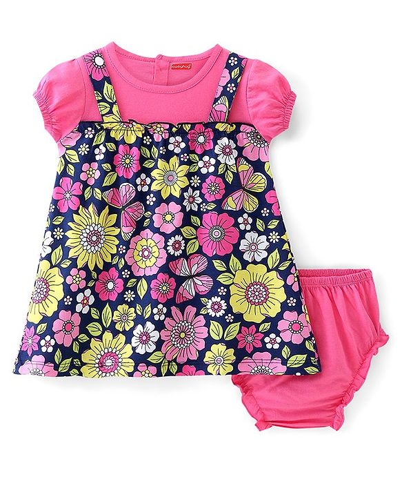 Babyhug Cotton Jersey Knit Half Sleeves Frock with Bloomer Floral Print - Pink