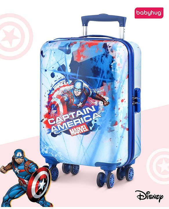 Babyhug Marvel Captain America Hard Sided Kids Trolley Luggage Bag with Wheels Blue - 18 Inch| Shock Resistant| Telescopic Handle| Water Resistant| Easy Zipper Closure| Durable Wheels| Number Lock