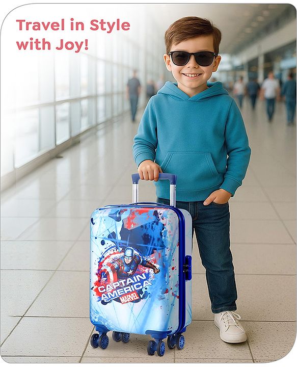 Babyhug Marvel Captain America Hard Sided Kids Trolley Luggage Bag with Wheels Blue - 18 Inch| Shock Resistant| Telescopic Handle| Water Resistant| Easy Zipper Closure| Durable Wheels| Number Lock