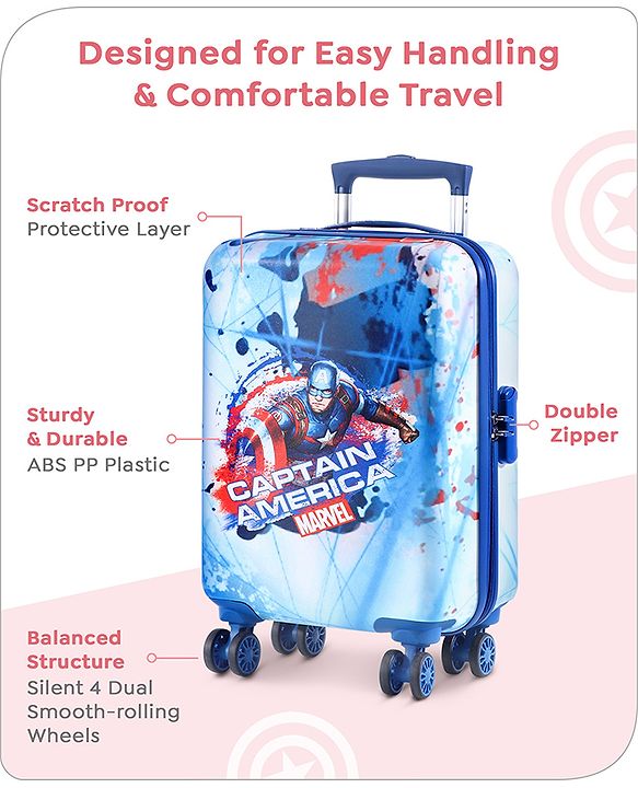Babyhug Marvel Captain America Hard Sided Kids Trolley Luggage Bag with Wheels Blue - 18 Inch| Shock Resistant| Telescopic Handle| Water Resistant| Easy Zipper Closure| Durable Wheels| Number Lock
