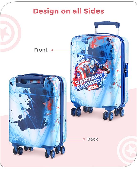 Babyhug Marvel Captain America Hard Sided Kids Trolley Luggage Bag with Wheels Blue - 18 Inch| Shock Resistant| Telescopic Handle| Water Resistant| Easy Zipper Closure| Durable Wheels| Number Lock