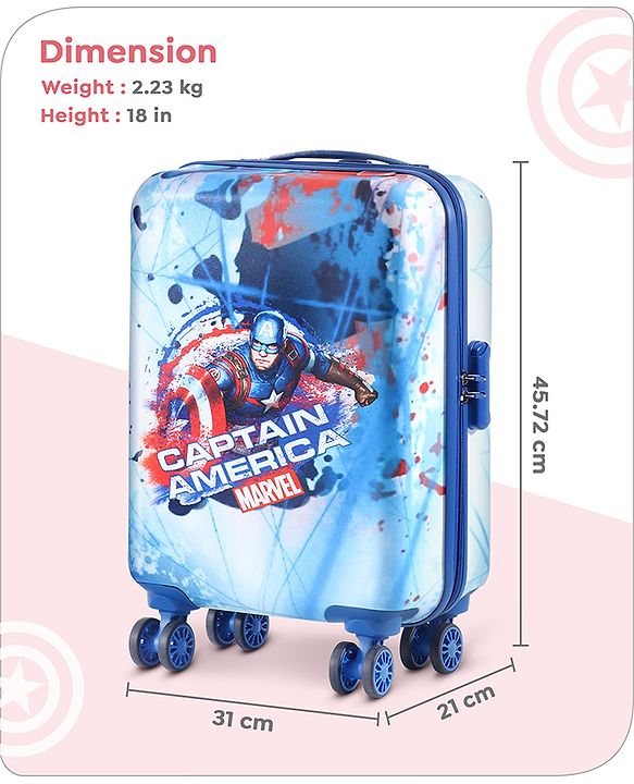 Babyhug Marvel Captain America Hard Sided Kids Trolley Luggage Bag with Wheels Blue - 18 Inch| Shock Resistant| Telescopic Handle| Water Resistant| Easy Zipper Closure| Durable Wheels| Number Lock
