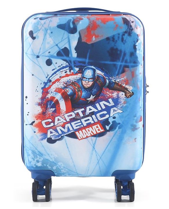 Babyhug Marvel Captain America Hard Sided Kids Trolley Luggage Bag with Wheels Blue - 18 Inch| Shock Resistant| Telescopic Handle| Water Resistant| Easy Zipper Closure| Durable Wheels| Number Lock