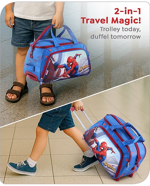 Babyhug Marvel Spider Man Kids Travel Duffel Trolley Bag - Blue| Stylsh & Practical| Durable Zippers| Smooth Wheels| Telescopic Trolley Handle| Adjustable Shoulder Strap