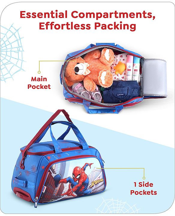 Babyhug Marvel Spider Man Kids Travel Duffel Trolley Bag - Blue| Stylsh & Practical| Durable Zippers| Smooth Wheels| Telescopic Trolley Handle| Adjustable Shoulder Strap