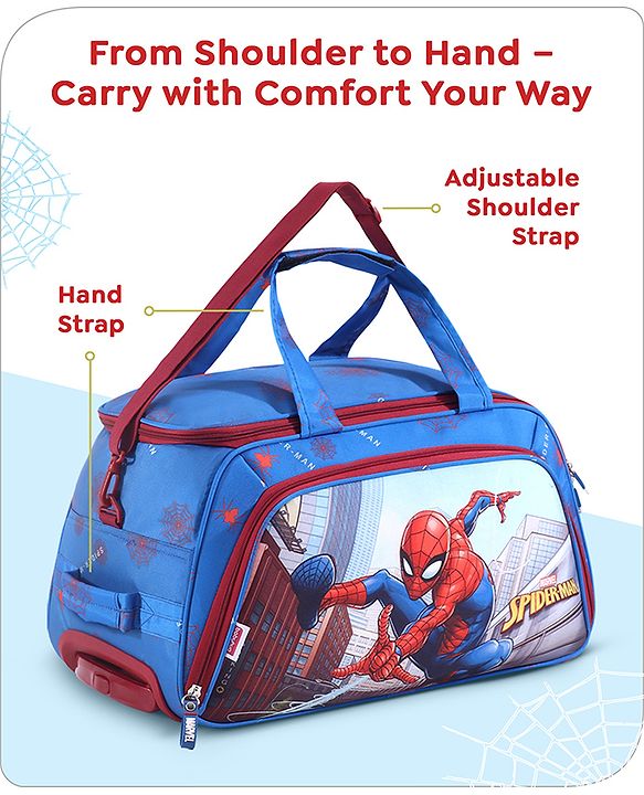 Babyhug Marvel Spider Man Kids Travel Duffel Trolley Bag - Blue| Stylsh & Practical| Durable Zippers| Smooth Wheels| Telescopic Trolley Handle| Adjustable Shoulder Strap