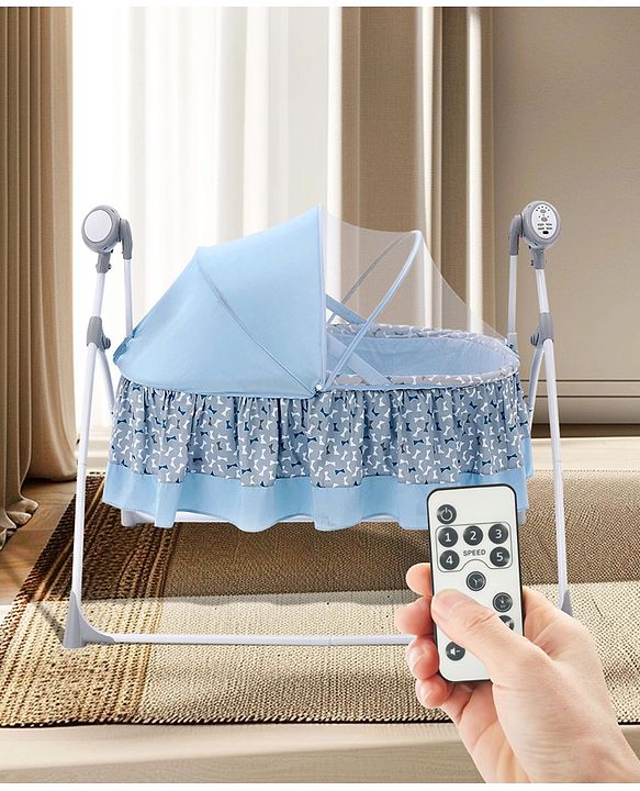 Babyhug Beryl Electronic Auto Swing Cradle with Remote Control - Blue| Pre-loaded Music| Off Timer| Removable Mosquito Net| Battery & DC Operation| Remote Control| Soft Mattress with Pillow| Safety Harness| 5 Swing Speed
