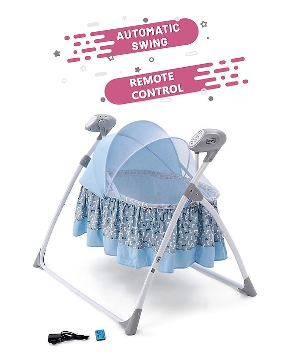 Babyhug Beryl Electronic Auto Swing Cradle with Remote Control - Blue| Pre-loaded Music| Off Timer| Removable Mosquito Net| Battery & DC Operation| Remote Control| Soft Mattress with Pillow| Safety Harness| 5 Swing Speed