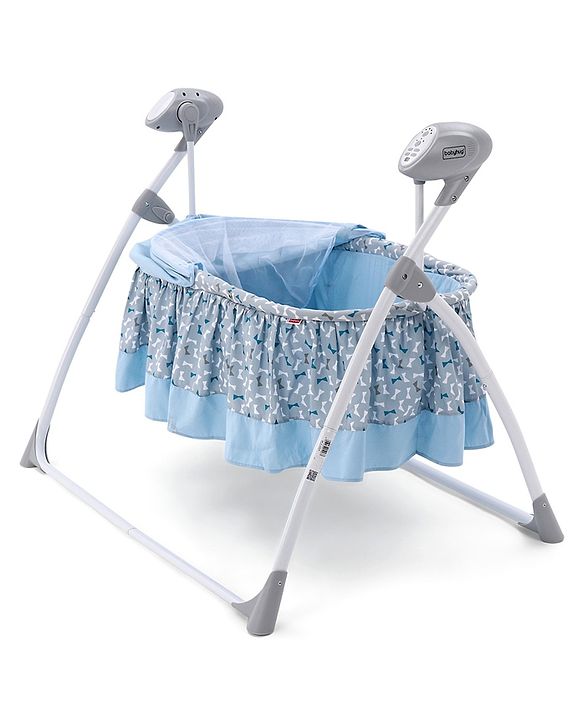 Babyhug Beryl Electronic Auto Swing Cradle with Remote Control - Blue| Pre-loaded Music| Off Timer| Removable Mosquito Net| Battery & DC Operation| Remote Control| Soft Mattress with Pillow| Safety Harness| 5 Swing Speed