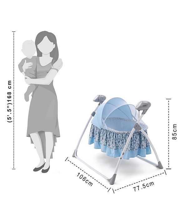 Babyhug Beryl Electronic Auto Swing Cradle with Remote Control - Blue| Pre-loaded Music| Off Timer| Removable Mosquito Net| Battery & DC Operation| Remote Control| Soft Mattress with Pillow| Safety Harness| 5 Swing Speed