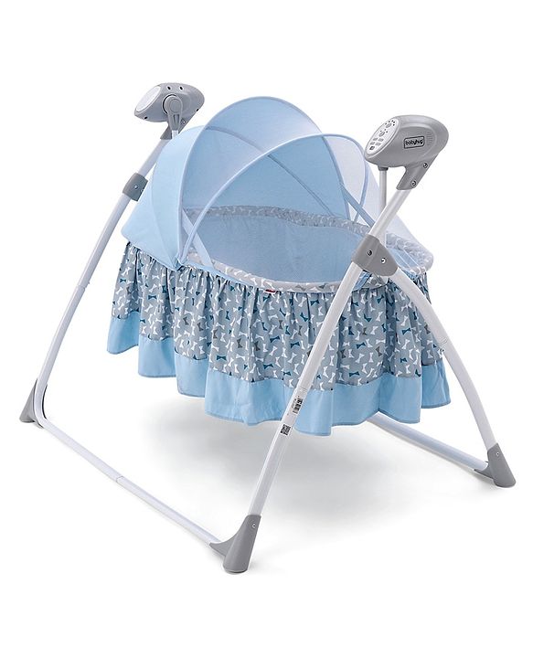 Babyhug Beryl Electronic Auto Swing Cradle with Remote Control - Blue| Pre-loaded Music| Off Timer| Removable Mosquito Net| Battery & DC Operation| Remote Control| Soft Mattress with Pillow| Safety Harness| 5 Swing Speed