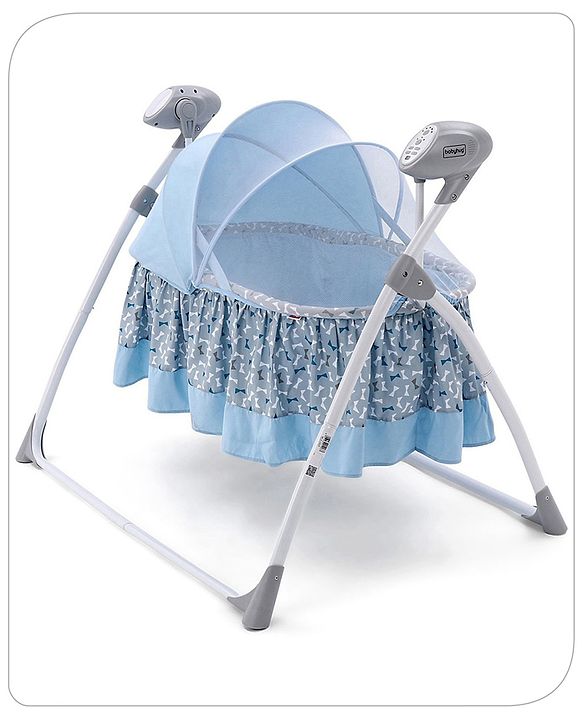 Babyhug Beryl Electronic Auto Swing Cradle with Remote Control - Blue| Pre-loaded Music| Off Timer| Removable Mosquito Net| Battery & DC Operation| Remote Control| Soft Mattress with Pillow| Safety Harness| 5 Swing Speed