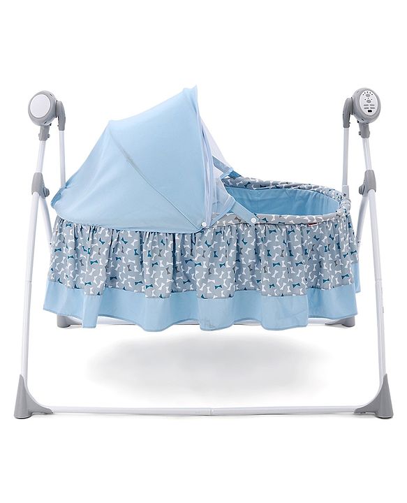 Babyhug Beryl Electronic Auto Swing Cradle with Remote Control - Blue| Pre-loaded Music| Off Timer| Removable Mosquito Net| Battery & DC Operation| Remote Control| Soft Mattress with Pillow| Safety Harness| 5 Swing Speed