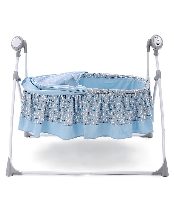 Babyhug Beryl Electronic Auto Swing Cradle with Remote Control - Blue| Pre-loaded Music| Off Timer| Removable Mosquito Net| Battery & DC Operation| Remote Control| Soft Mattress with Pillow| Safety Harness| 5 Swing Speed