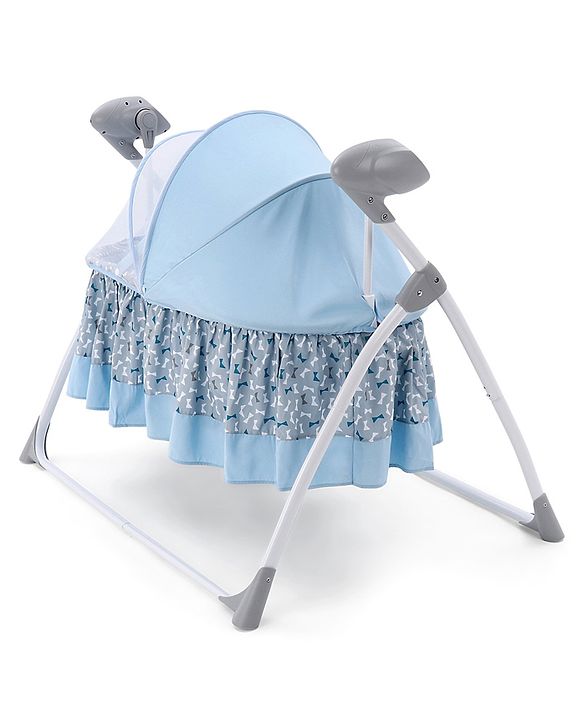Babyhug Beryl Electronic Auto Swing Cradle with Remote Control - Blue| Pre-loaded Music| Off Timer| Removable Mosquito Net| Battery & DC Operation| Remote Control| Soft Mattress with Pillow| Safety Harness| 5 Swing Speed