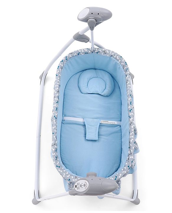 Babyhug Beryl Electronic Auto Swing Cradle with Remote Control - Blue| Pre-loaded Music| Off Timer| Removable Mosquito Net| Battery & DC Operation| Remote Control| Soft Mattress with Pillow| Safety Harness| 5 Swing Speed