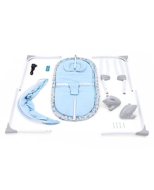 Babyhug Beryl Electronic Auto Swing Cradle with Remote Control - Blue| Pre-loaded Music| Off Timer| Removable Mosquito Net| Battery & DC Operation| Remote Control| Soft Mattress with Pillow| Safety Harness| 5 Swing Speed