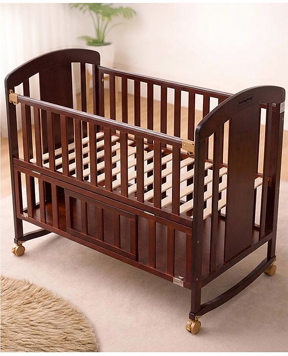 Babyhug Florence 3 in 1 Rocking Cot Cum Junior Bed  Cherry| Solid Pinewood| Adjustable Height| Storage Space| Foldable Side Rail| Teething Rails| Wheels with Lock| Convert to Study Table| Mosquito Net