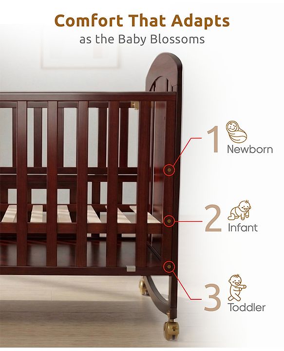Babyhug Florence 3 in 1 Rocking Cot Cum Junior Bed  Cherry| Solid Pinewood| Adjustable Height| Storage Space| Foldable Side Rail| Teething Rails| Wheels with Lock| Convert to Study Table| Mosquito Net