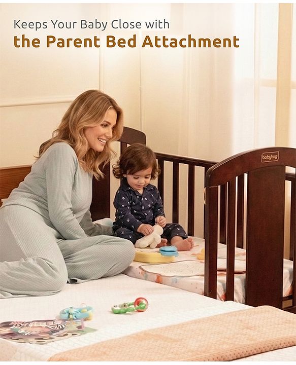 Babyhug Florence 3 in 1 Rocking Cot Cum Junior Bed  Cherry| Solid Pinewood| Adjustable Height| Storage Space| Foldable Side Rail| Teething Rails| Wheels with Lock| Convert to Study Table| Mosquito Net