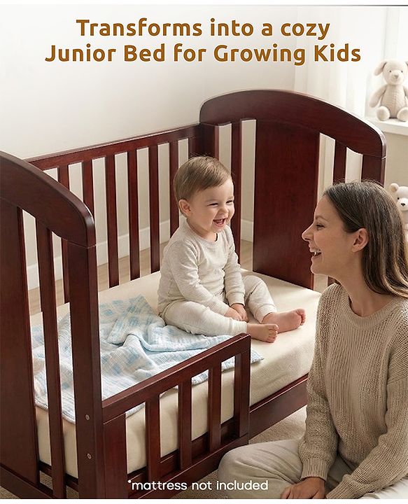 Babyhug Florence 3 in 1 Rocking Cot Cum Junior Bed  Cherry| Solid Pinewood| Adjustable Height| Storage Space| Foldable Side Rail| Teething Rails| Wheels with Lock| Convert to Study Table| Mosquito Net