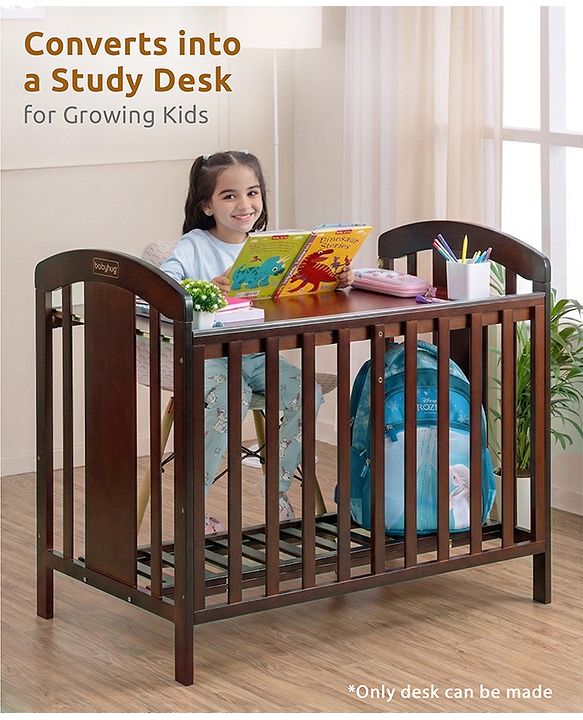 Babyhug Florence 3 in 1 Rocking Cot Cum Junior Bed  Cherry| Solid Pinewood| Adjustable Height| Storage Space| Foldable Side Rail| Teething Rails| Wheels with Lock| Convert to Study Table| Mosquito Net