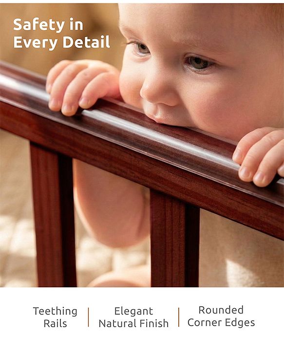 Babyhug Florence 3 in 1 Rocking Cot Cum Junior Bed  Cherry| Solid Pinewood| Adjustable Height| Storage Space| Foldable Side Rail| Teething Rails| Wheels with Lock| Convert to Study Table| Mosquito Net