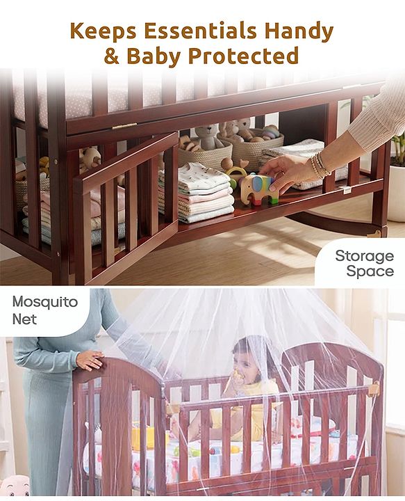 Babyhug Florence 3 in 1 Rocking Cot Cum Junior Bed  Cherry| Solid Pinewood| Adjustable Height| Storage Space| Foldable Side Rail| Teething Rails| Wheels with Lock| Convert to Study Table| Mosquito Net