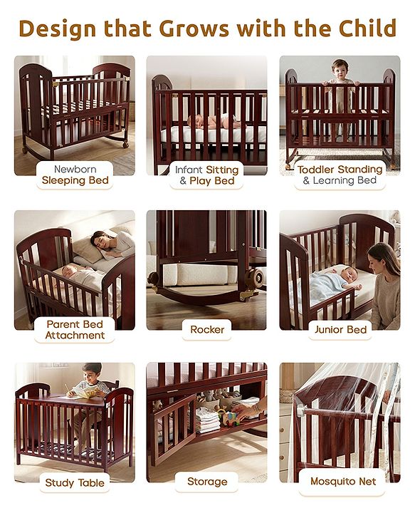 Babyhug Florence 3 in 1 Rocking Cot Cum Junior Bed  Cherry| Solid Pinewood| Adjustable Height| Storage Space| Foldable Side Rail| Teething Rails| Wheels with Lock| Convert to Study Table| Mosquito Net