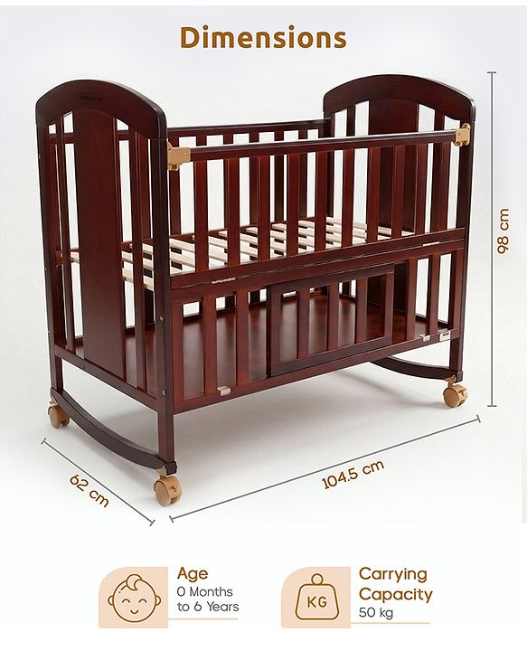 Babyhug Florence 3 in 1 Rocking Cot Cum Junior Bed  Cherry| Solid Pinewood| Adjustable Height| Storage Space| Foldable Side Rail| Teething Rails| Wheels with Lock| Convert to Study Table| Mosquito Net