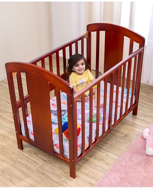 Babyhug Florence 3 in 1 Rocking Cot Cum Junior Bed  Cherry| Solid Pinewood| Adjustable Height| Storage Space| Foldable Side Rail| Teething Rails| Wheels with Lock| Convert to Study Table| Mosquito Net