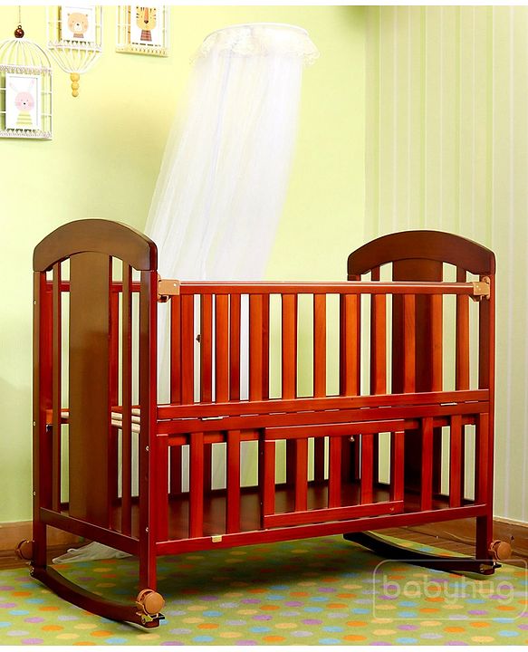 Babyhug Florence 3 in 1 Rocking Cot Cum Junior Bed  Cherry| Solid Pinewood| Adjustable Height| Storage Space| Foldable Side Rail| Teething Rails| Wheels with Lock| Convert to Study Table| Mosquito Net