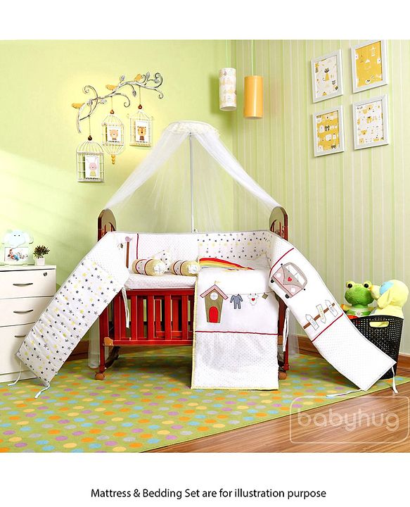 Babyhug Florence 3 in 1 Rocking Cot Cum Junior Bed  Cherry| Solid Pinewood| Adjustable Height| Storage Space| Foldable Side Rail| Teething Rails| Wheels with Lock| Convert to Study Table| Mosquito Net