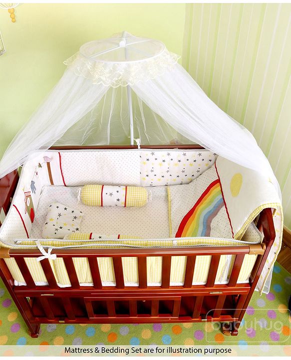 Babyhug Florence 3 in 1 Rocking Cot Cum Junior Bed  Cherry| Solid Pinewood| Adjustable Height| Storage Space| Foldable Side Rail| Teething Rails| Wheels with Lock| Convert to Study Table| Mosquito Net