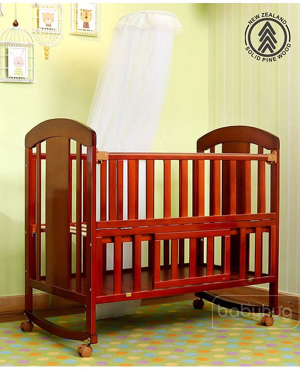 Babyhug Florence 3 in 1 Rocking Cot Cum Junior Bed  Cherry| Solid Pinewood| Adjustable Height| Storage Space| Foldable Side Rail| Teething Rails| Wheels with Lock| Convert to Study Table| Mosquito Net