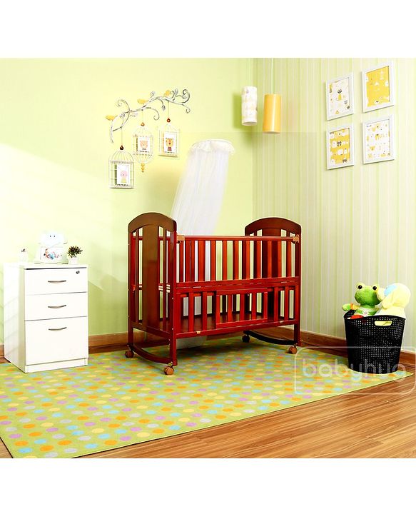 Babyhug Florence 3 in 1 Rocking Cot Cum Junior Bed  Cherry| Solid Pinewood| Adjustable Height| Storage Space| Foldable Side Rail| Teething Rails| Wheels with Lock| Convert to Study Table| Mosquito Net