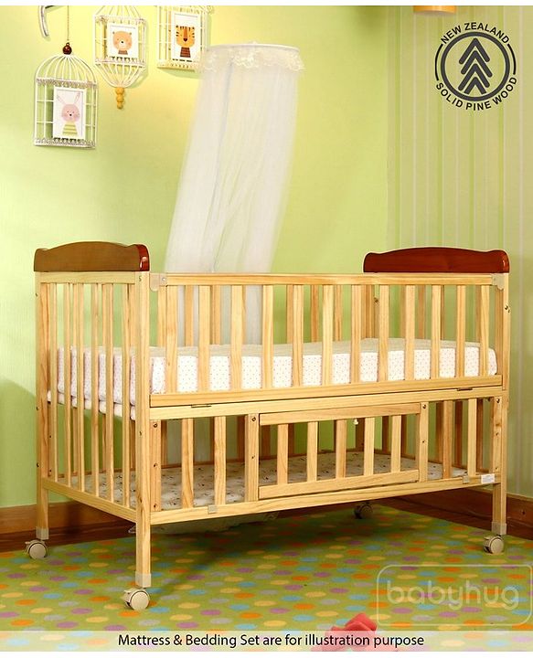 Babyhug Hamilton Wooden Cot with Mosquito Net & Storage Space - Natural Finish| Adjustable Height| Wheels with Lock| Openable Side Rail| Openable Headboard| New Zealand Pinewood