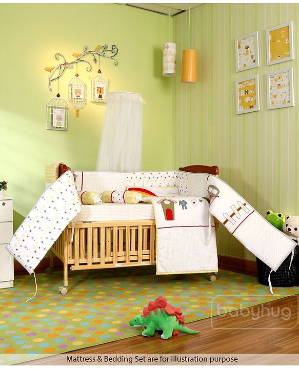 Babyhug Hamilton Wooden Cot with Mosquito Net & Storage Space - Natural Finish| Adjustable Height| Wheels with Lock| Openable Side Rail| Openable Headboard| New Zealand Pinewood