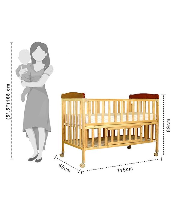 Babyhug Hamilton Wooden Cot with Mosquito Net & Storage Space - Natural Finish| Adjustable Height| Wheels with Lock| Openable Side Rail| Openable Headboard| New Zealand Pinewood
