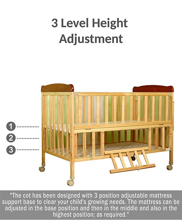 Babyhug Hamilton Wooden Cot with Mosquito Net & Storage Space - Natural Finish| Adjustable Height| Wheels with Lock| Openable Side Rail| Openable Headboard| New Zealand Pinewood