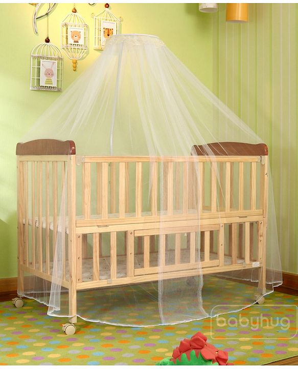 Babyhug Hamilton Wooden Cot with Mosquito Net & Storage Space - Natural Finish| Adjustable Height| Wheels with Lock| Openable Side Rail| Openable Headboard| New Zealand Pinewood